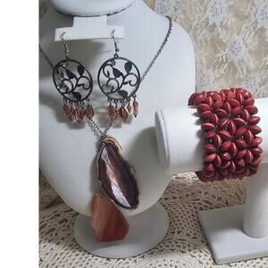 Earth Toned Jewelry Set,  russet, red, brown necklace ,bracelet & earrings